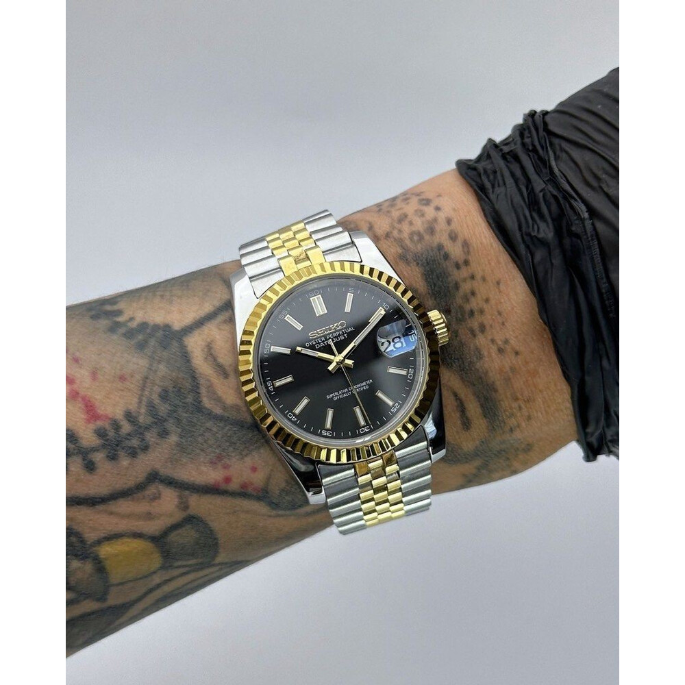Custom Seiko Mod • 2-Tone Black Datejust on Double Endlink Jubilee w/ Ice blue lume • 36mm